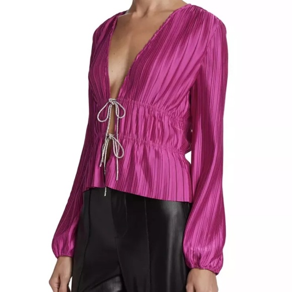 WAYF Payton Pink Tie Front Top Long Sleeve Blouse Women's Cardigan Rhinestone - Picture 11 of 16